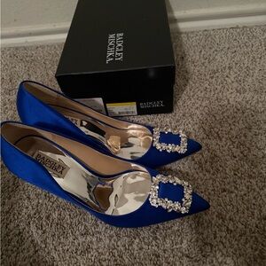Badgley Mischka Royal Blue Satin Heels with Crystal Buckle